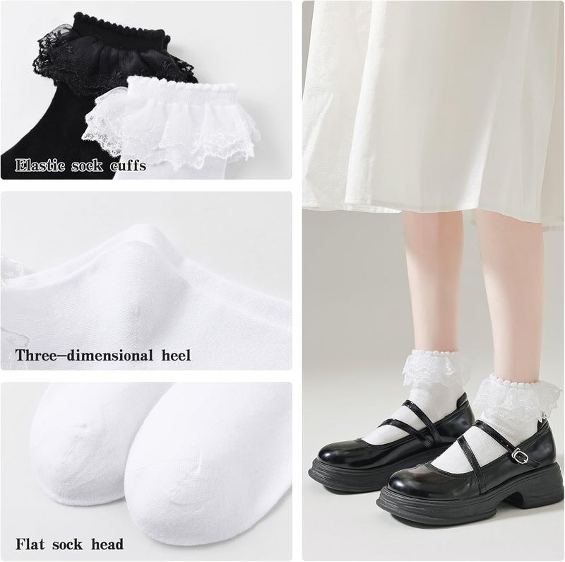 YASIDI Lace Ruffle Frilly Socks for Women, Lace Ankle Socks with Double Layer Lace - Image 3